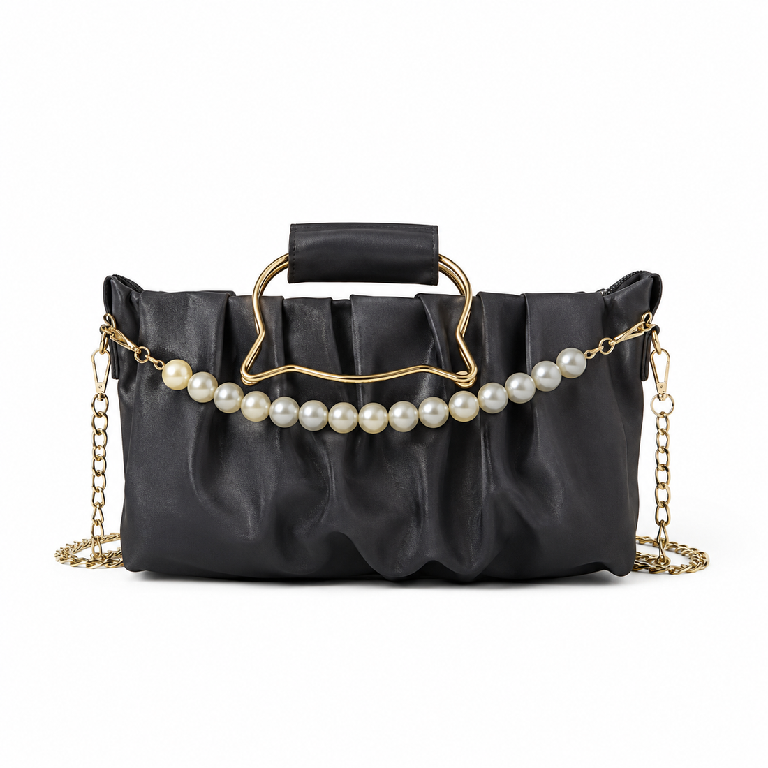 Pearl Chain Ruched Shoulder Bag – Elegant White Handbag for Women