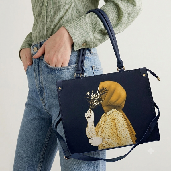 Floral Muse Navy Canvas Tote Bag – Artistic Print Design