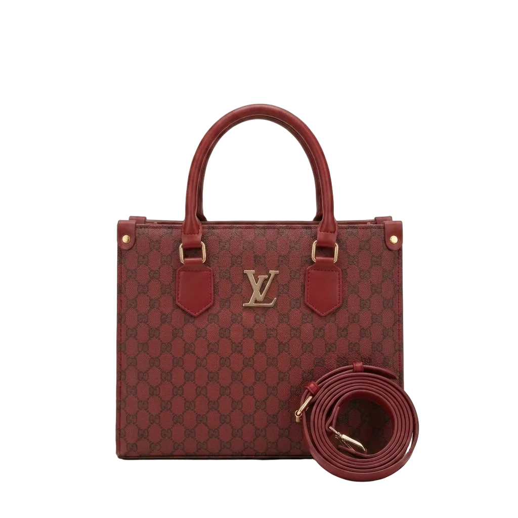 Checkered Brown Tote Bag – Gold-Trim Handbag for Women