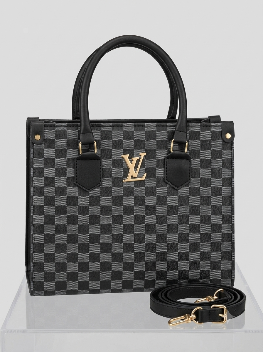 Checkered Brown Tote Bag – Gold-Trim Handbag for Women