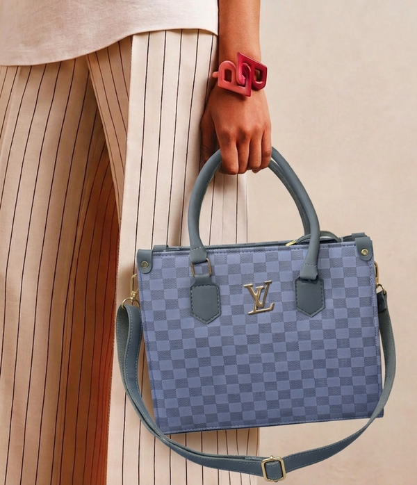 Checkered Brown Tote Bag – Gold-Trim Handbag for Women