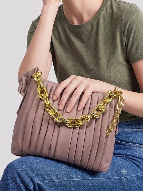 Pleated Chain Shoulder Bag for Women – Gold Chain Detail