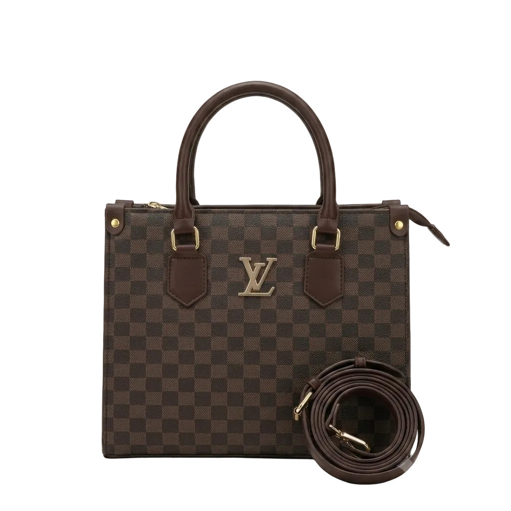 Checkered Brown Tote Bag – Gold-Trim Handbag for Women